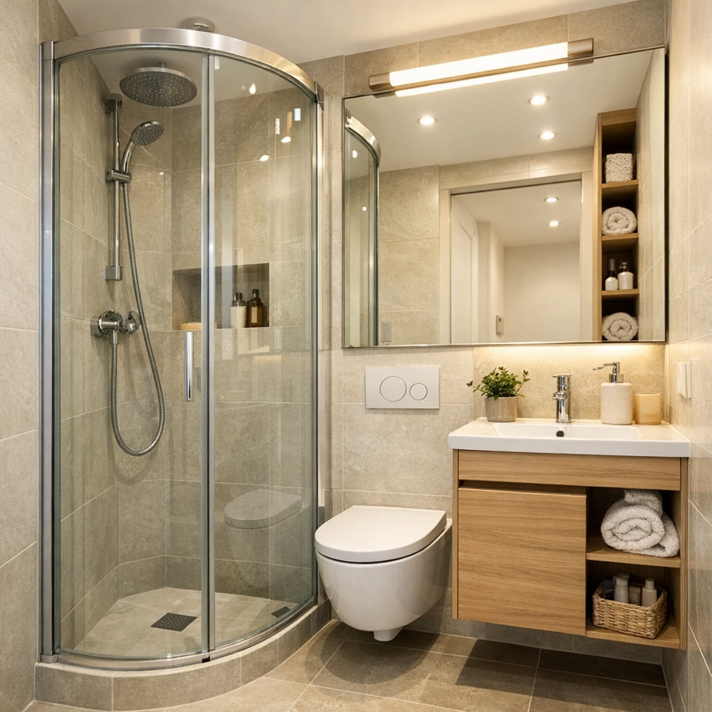 Lille badeværelse med smarte pladsoptimerende løsninger