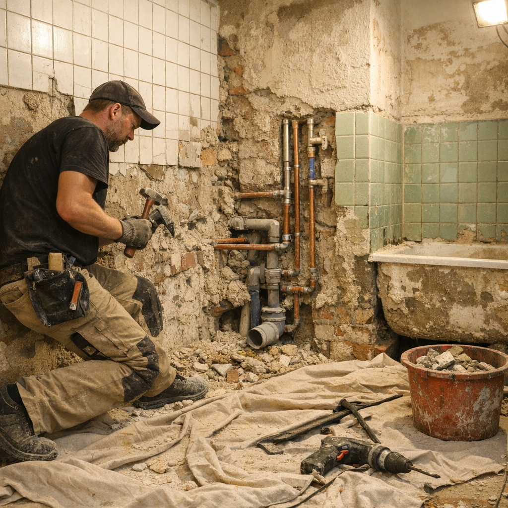 Badeværelse-renovering i gang med synlig vådrumssikring og nye fliser