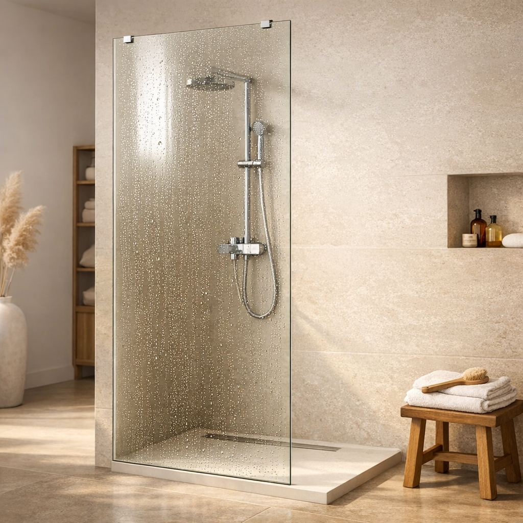 Brusevæg i glas — fast brusevæg med stabiliseringsstang