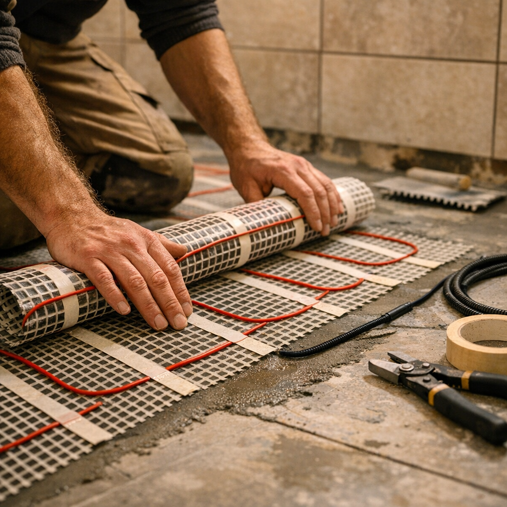 Gulvvarme til badeværelse — el-varmemåtte under flisegulv