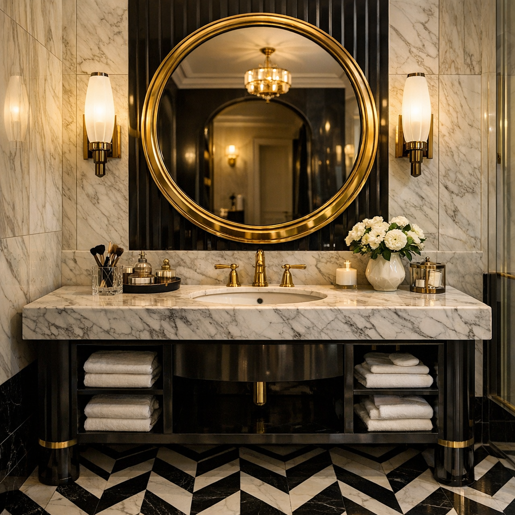 Art deco-inspireret luksus-badeværelse med gyldne detaljer