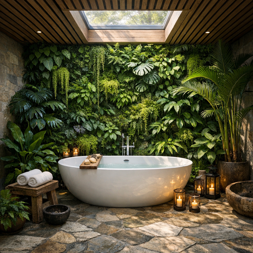 Biofilt badeværelse fyldt med grønne planter og naturligt lys