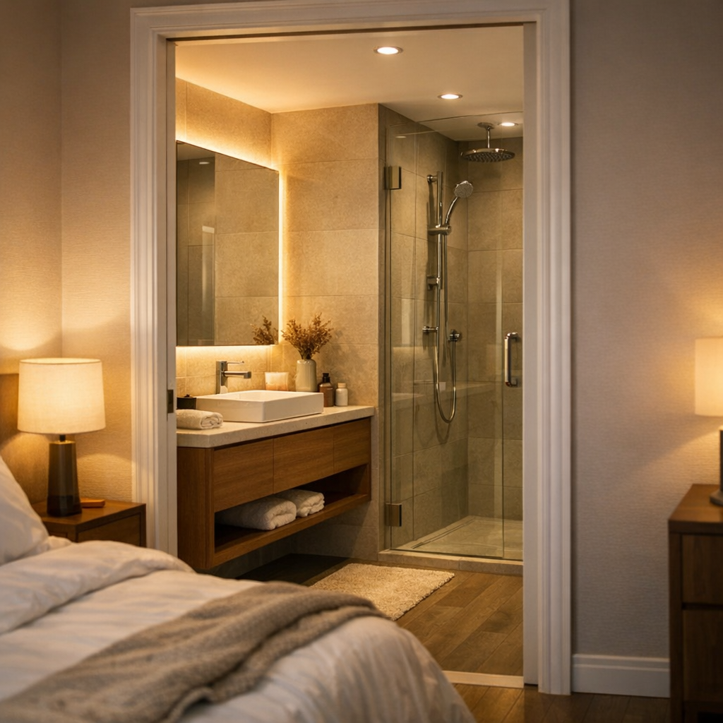 Elegant en-suite badeværelse integreret med soveværelset