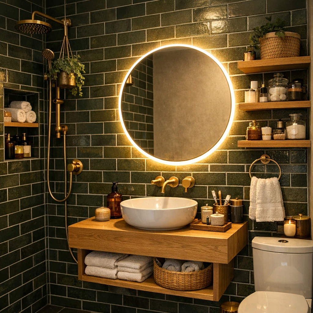 Badeværelse med grønne subwayfliser og messingarmaturer