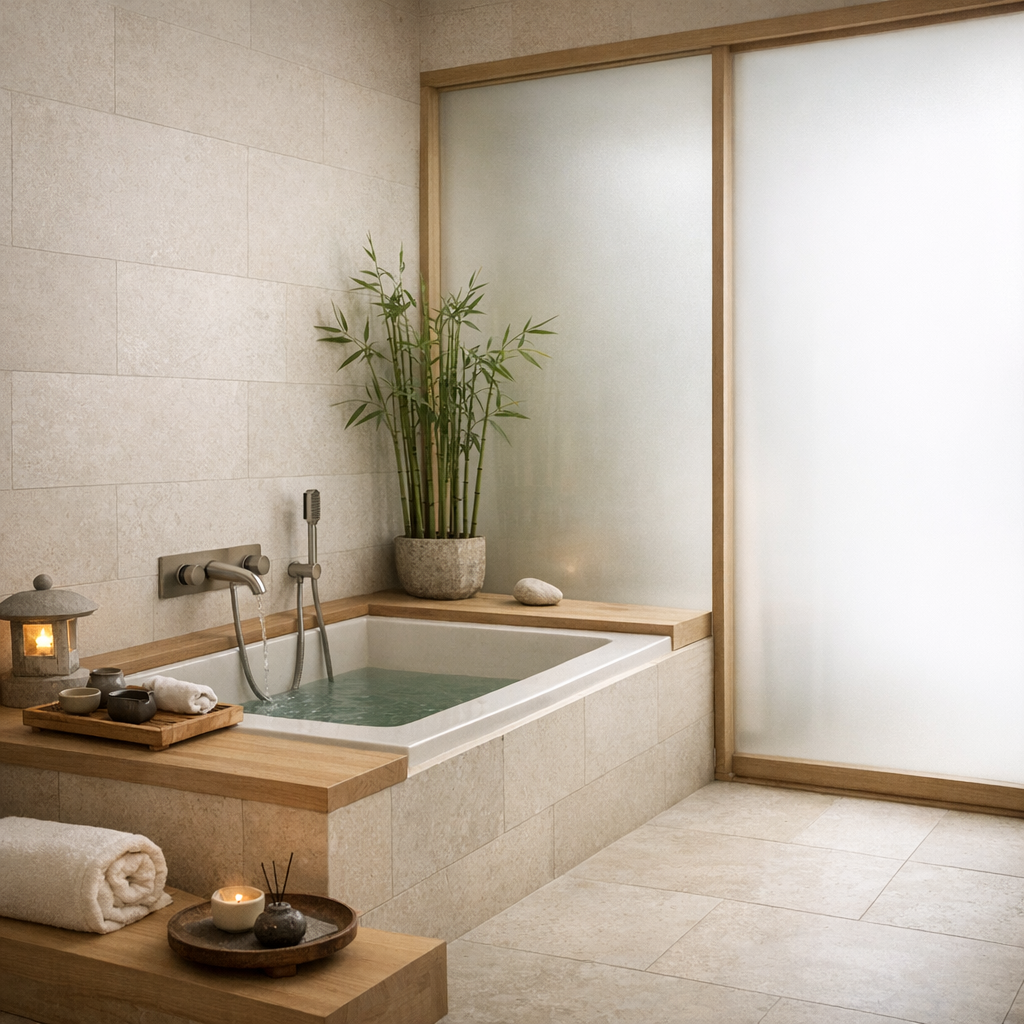 Japansk zen-inspireret minimalistisk badeværelse