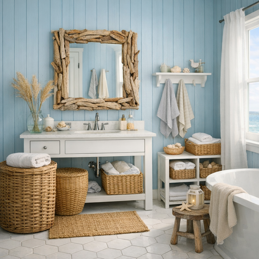 Kystinspireret badeværelse med lyseblå toner og naturmaterialer