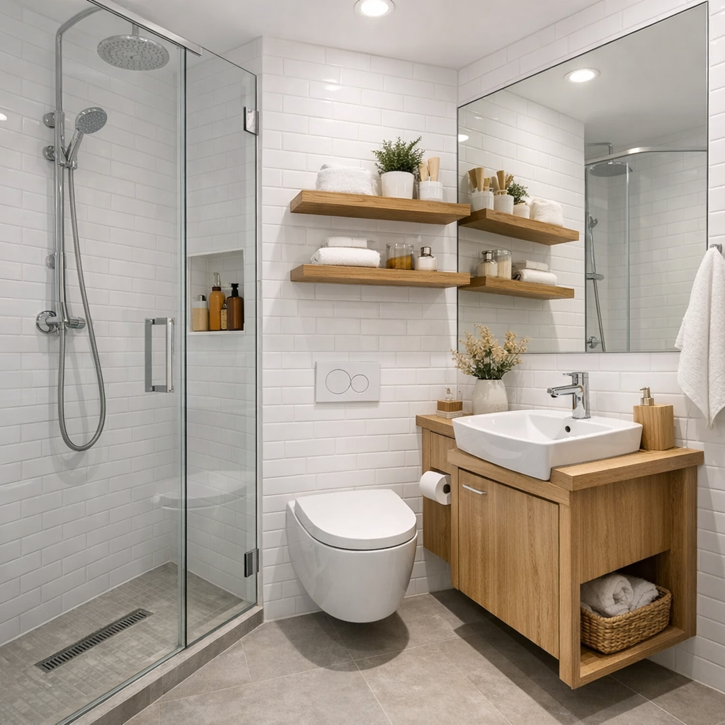 Lille badeværelse med smarte pladsbesparende løsninger