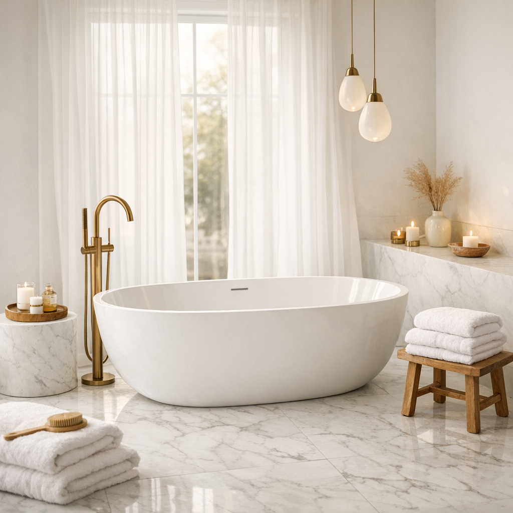 Moderne hvidt badeværelse med rene linjer og lyse fliser