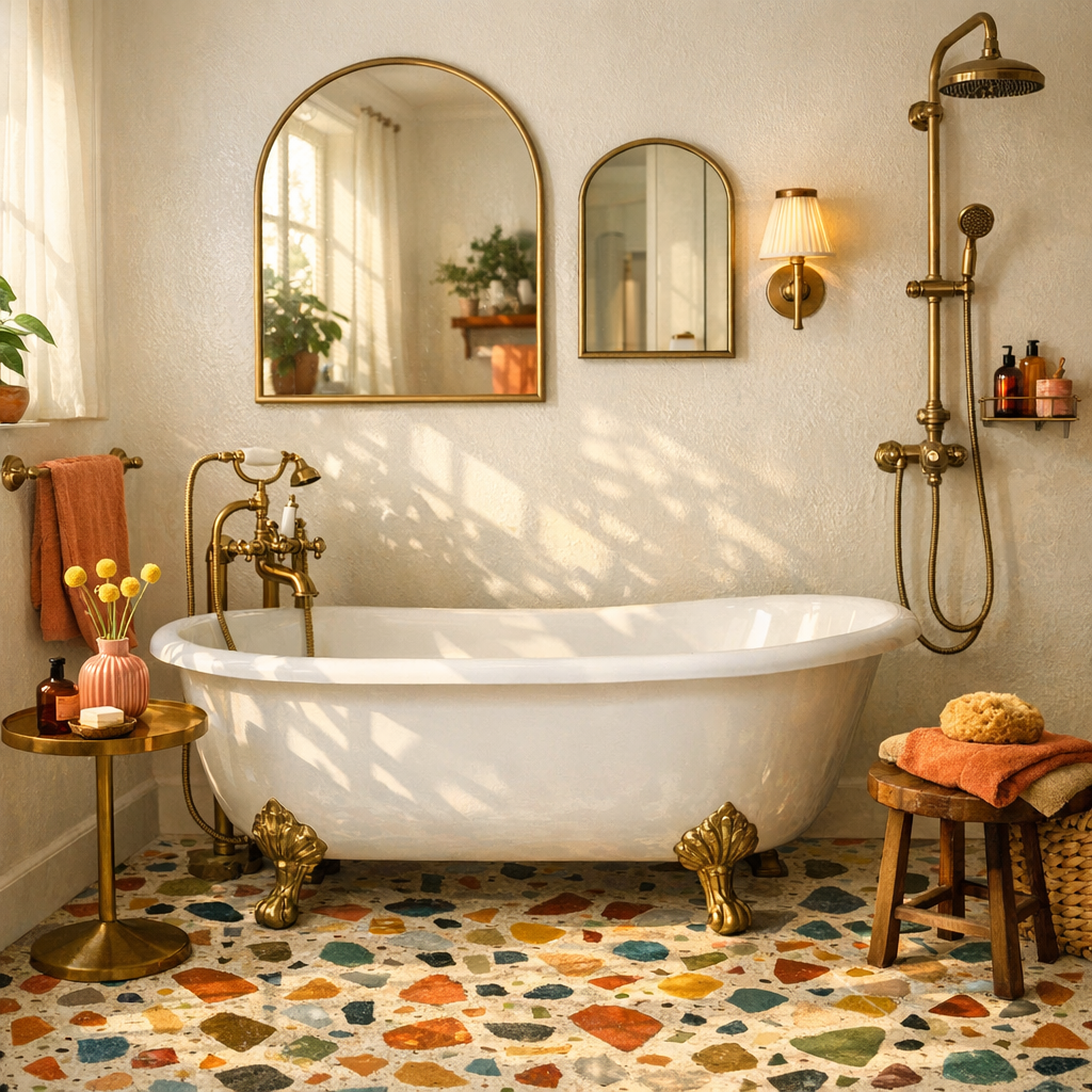 Moderne badeværelse med terrazzo-gulv og hvide vægge