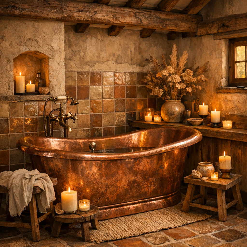 Klassisk badeværelse med metrofliser og varmt trægulv