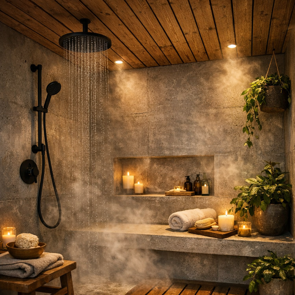 Skandinavisk spa-inspireret badeværelse med naturmaterialer