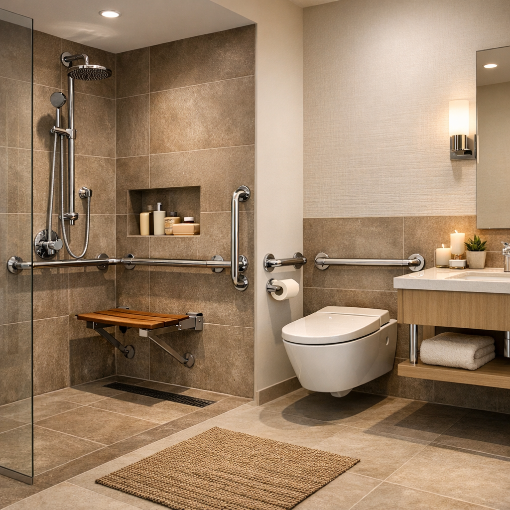 Kompakt badeværelse med glasvæg og niveaufri bruser