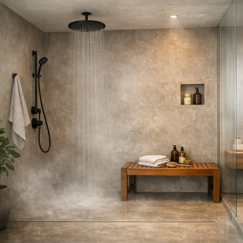 Luksuriøs walk-in bruser med glasvæg og regnbruser